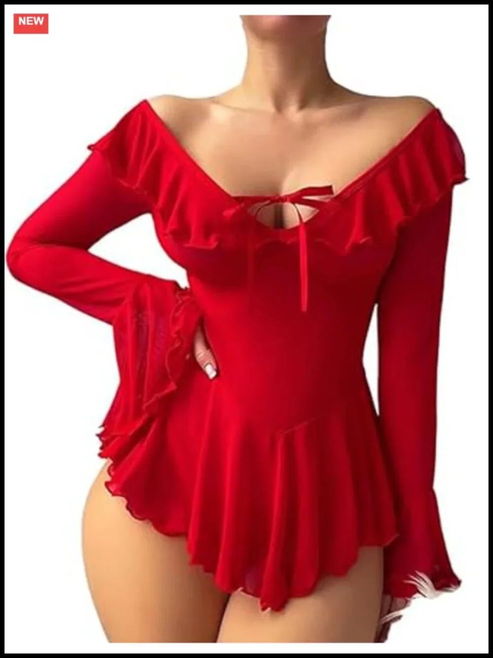 Sheer Long Sleeve Babydoll Lingerie Ruffle Dress